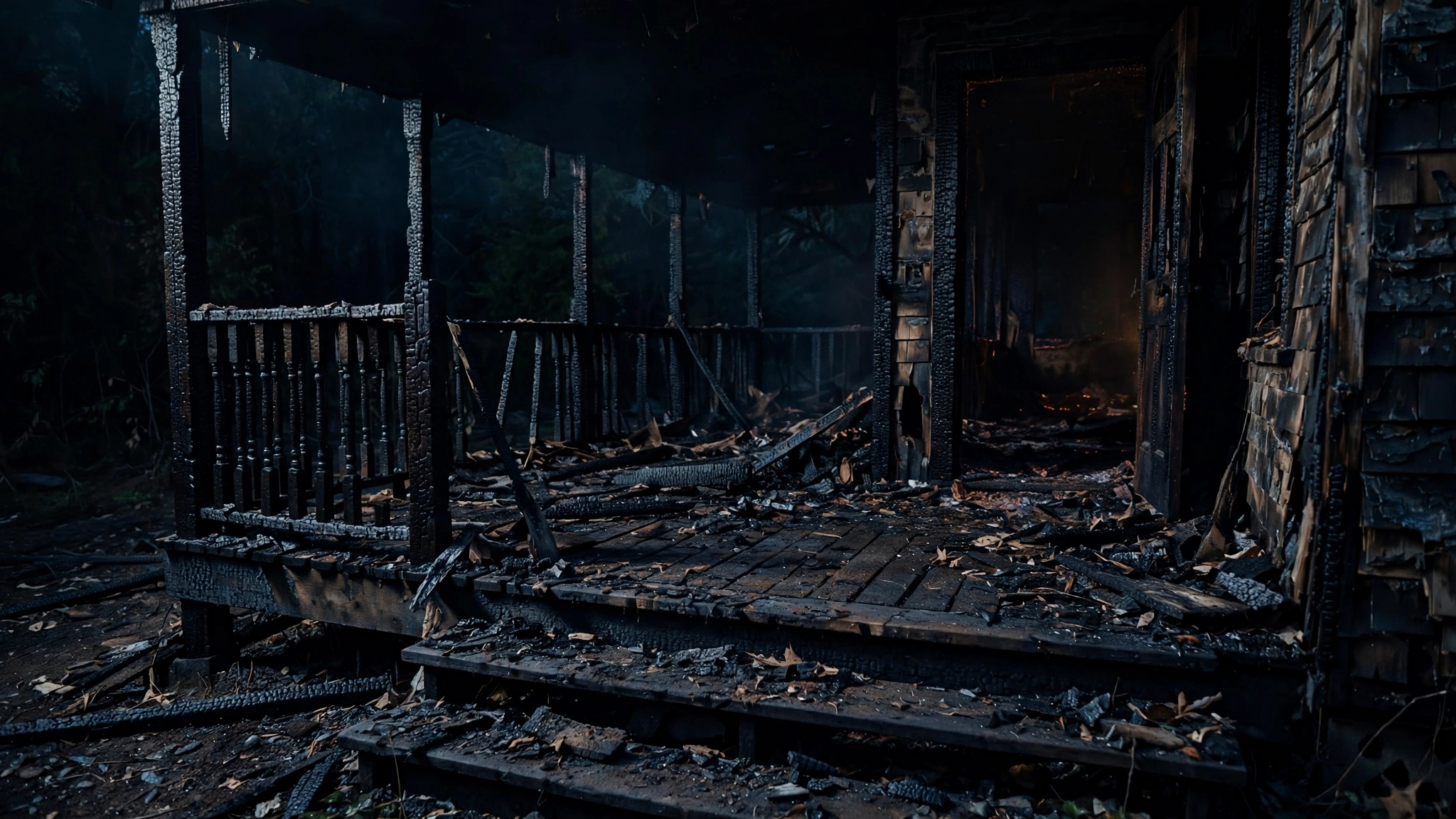 Illustrative key art for The Menace in the Backyard: a charred porch at night, aftermath still